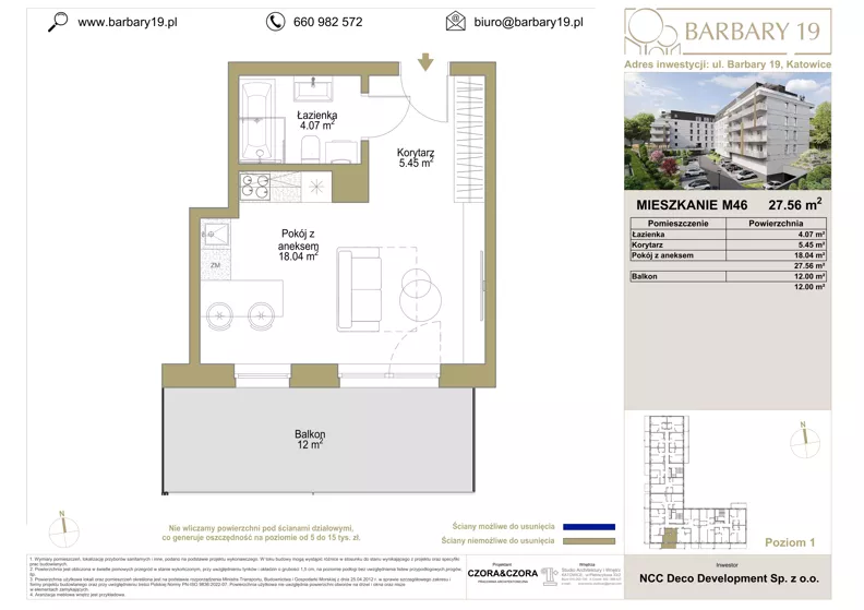 1 pokój, apartament 27,56 m², piętro 1, oferta nr 46, Apartamenty Barbary 19, Katowice, Śródmieście, ul. Barbary 19