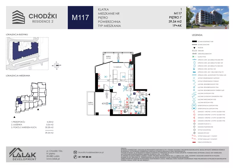 1 pokój, mieszkanie 39,54 m², piętro 7, oferta nr M117, Chodźki Residence 2, Lublin, Czechów Południowy,  ul. Chodźki