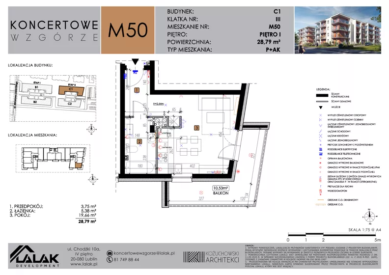 1 pokój, mieszkanie 28,79 m², piętro 1, oferta nr C1_M50/I, Koncertowe Wzgórze - Budynek C1, Lublin, Czechów Północny, ul. Koncertowa