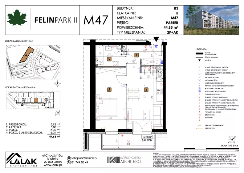 2 pokoje, mieszkanie 44,63 m², parter, oferta nr B3_M47/P, Felin Park II - budynek B3, Lublin, Felin, ul. gen. Stanisława Skalskiego 8-10