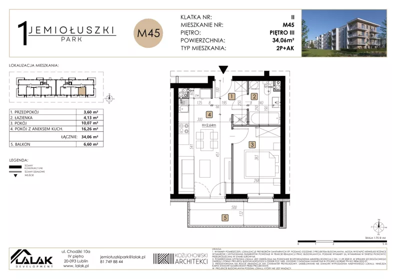 2 pokoje, mieszkanie 34,06 m², piętro 3, oferta nr M45, Jemiołuszki Park, Lublin, Węglin Południowy, ul. Jemiołuszki