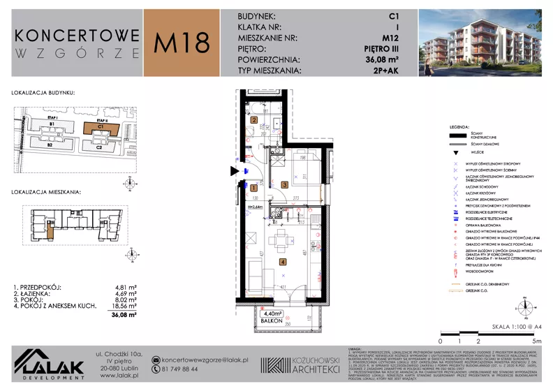 2 pokoje, mieszkanie 36,08 m², piętro 3, oferta nr C1_M18/III, Koncertowe Wzgórze - Budynek C1, Lublin, Czechów Północny, ul. Koncertowa