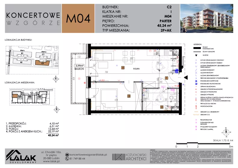 2 pokoje, mieszkanie 45,24 m², parter, oferta nr C2_M4/P, Koncertowe Wzgórze - Budynek C2, Lublin, Czechów Północny, ul. Koncertowa