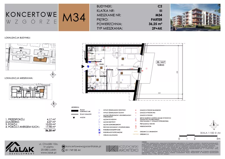 2 pokoje, mieszkanie 36,25 m², parter, oferta nr C2_M34/P, Koncertowe Wzgórze - Budynek C2, Lublin, Czechów Północny, ul. Koncertowa