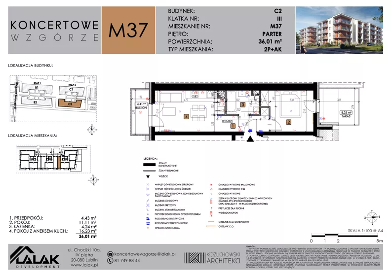 2 pokoje, mieszkanie 36,01 m², parter, oferta nr C2_M37/P, Koncertowe Wzgórze - Budynek C2, Lublin, Czechów Północny, ul. Koncertowa