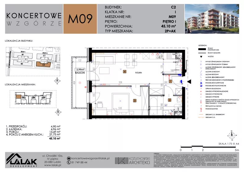 2 pokoje, mieszkanie 45,01 m², piętro 1, oferta nr C2_M9/I, Koncertowe Wzgórze - Budynek C2, Lublin, Czechów Północny, ul. Koncertowa