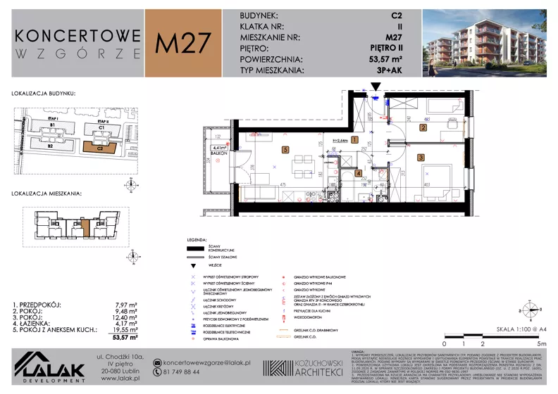 2 pokoje, mieszkanie 53,57 m², piętro 2, oferta nr C2_M27/II, Koncertowe Wzgórze - Budynek C2, Lublin, Czechów Północny, ul. Koncertowa