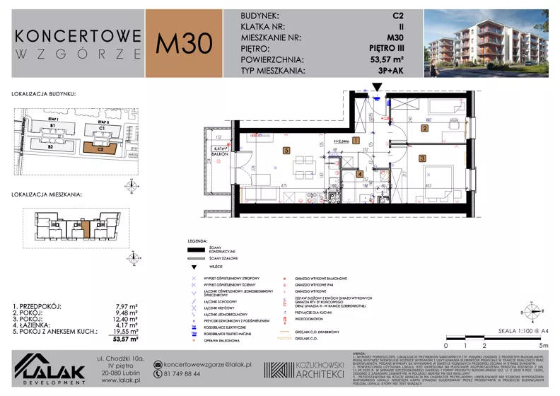 2 pokoje, mieszkanie 53,57 m², piętro 3, oferta nr C2_M30/III, Koncertowe Wzgórze - Budynek C2, Lublin, Czechów Północny, ul. Koncertowa