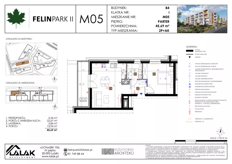 2 pokoje, mieszkanie 45,83 m², parter, oferta nr B4_M05/P, Felin Park II - budynek B4, Lublin, Felin, ul. Urbanowicza