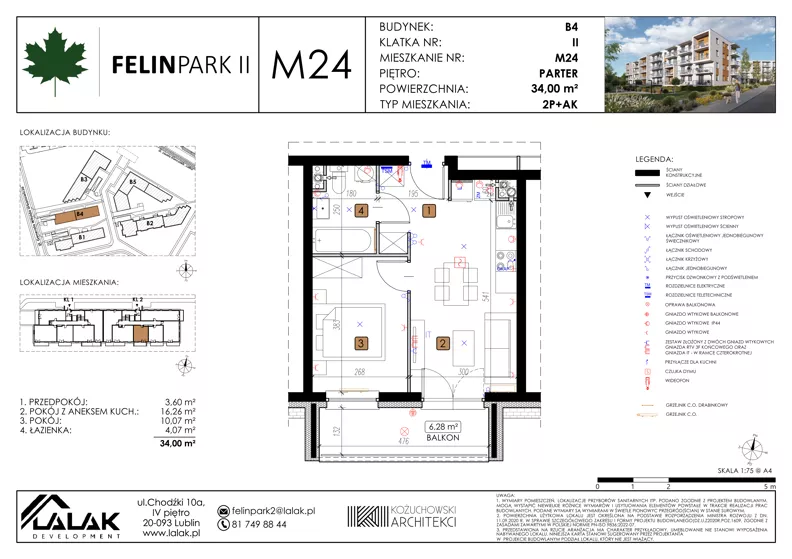 2 pokoje, mieszkanie 34,00 m², parter, oferta nr B4_M24/P, Felin Park II - budynek B4, Lublin, Felin, ul. Urbanowicza