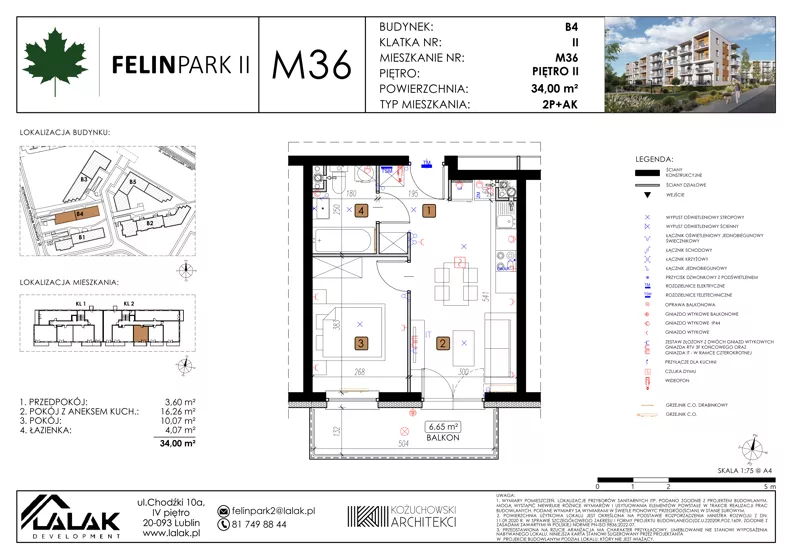 2 pokoje, mieszkanie 34,00 m², piętro 2, oferta nr B4_M36/II, Felin Park II - budynek B4, Lublin, Felin, ul. Urbanowicza