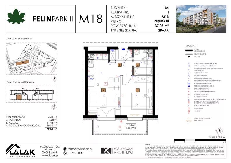 2 pokoje, mieszkanie 37,05 m², piętro 3, oferta nr B4_M18/III, Felin Park II - budynek B4, Lublin, Felin, ul. Urbanowicza