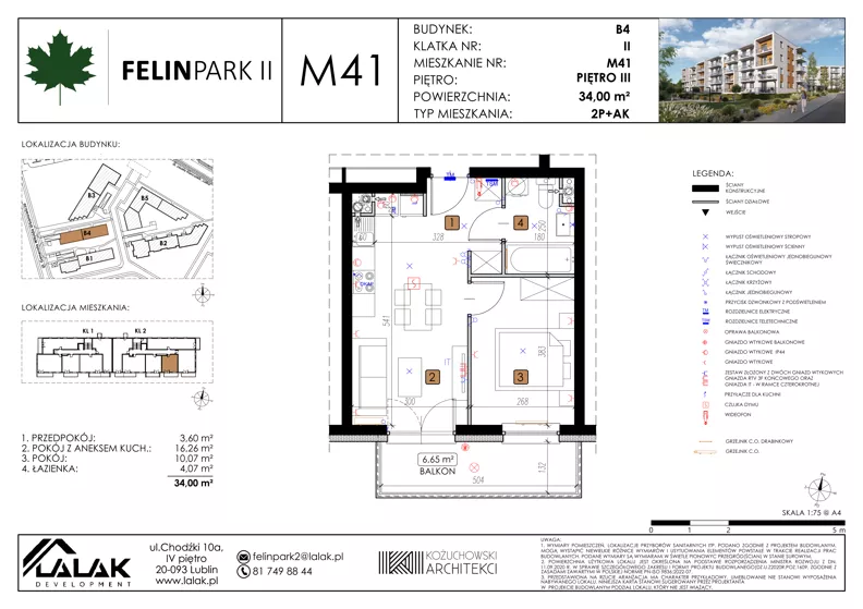 2 pokoje, mieszkanie 34,00 m², piętro 3, oferta nr B4_M41/III, Felin Park II - budynek B4, Lublin, Felin, ul. Urbanowicza