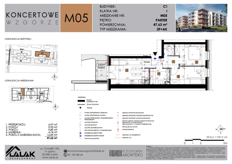 3 pokoje, mieszkanie 47,62 m², parter, oferta nr C1_M5/P, Koncertowe Wzgórze - Budynek C1, Lublin, Czechów Północny, ul. Koncertowa