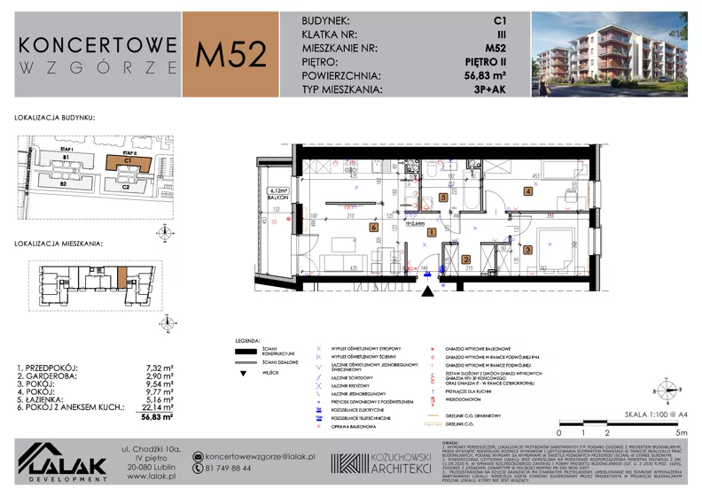 3 pokoje, mieszkanie 56,83 m², piętro 2, oferta nr C1_M52/II, Koncertowe Wzgórze - Budynek C1, Lublin, Czechów Północny, ul. Koncertowa