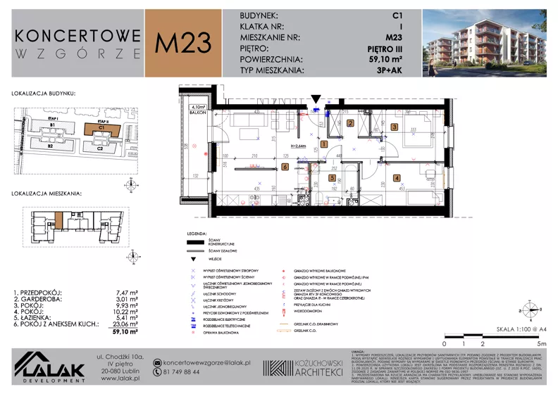 3 pokoje, mieszkanie 59,10 m², piętro 3, oferta nr C1_M23/III, Koncertowe Wzgórze - Budynek C1, Lublin, Czechów Północny, ul. Koncertowa