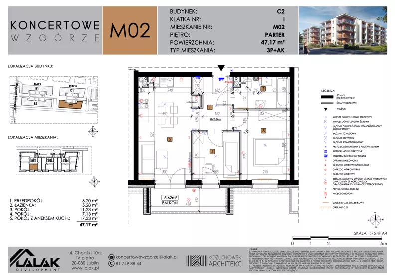 3 pokoje, mieszkanie 47,17 m², parter, oferta nr C2_M2/P, Koncertowe Wzgórze - Budynek C2, Lublin, Czechów Północny, ul. Koncertowa