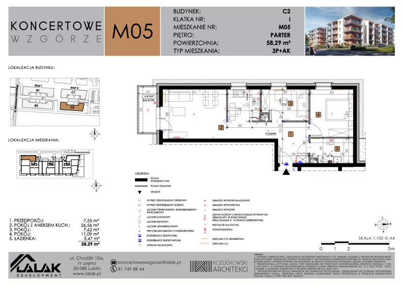 3 pokoje, mieszkanie 58,29 m², parter, oferta nr C2_M5/P, Koncertowe Wzgórze - Budynek C2, Lublin, Czechów Północny, ul. Koncertowa