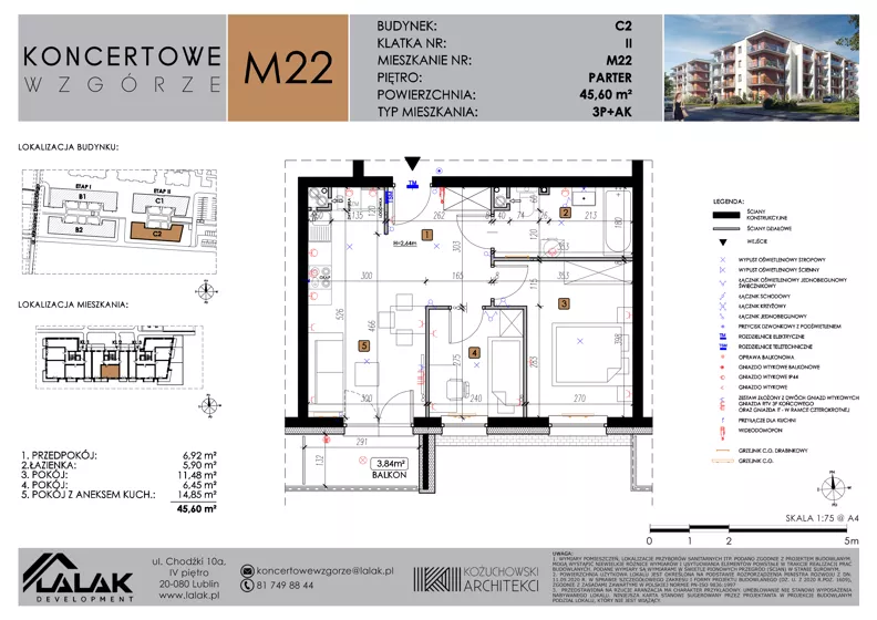 3 pokoje, mieszkanie 45,60 m², parter, oferta nr C2_M22/P, Koncertowe Wzgórze - Budynek C2, Lublin, Czechów Północny, ul. Koncertowa