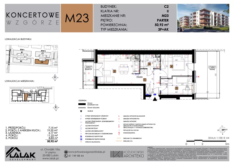 3 pokoje, mieszkanie 50,92 m², parter, oferta nr C2_M23/P, Koncertowe Wzgórze - Budynek C2, Lublin, Czechów Północny, ul. Koncertowa