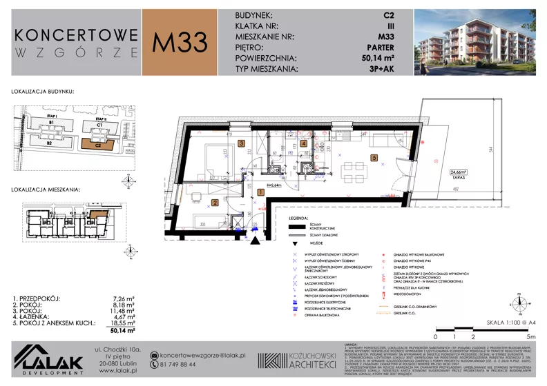 3 pokoje, mieszkanie 50,14 m², parter, oferta nr C2_M33/P, Koncertowe Wzgórze - Budynek C2, Lublin, Czechów Północny, ul. Koncertowa