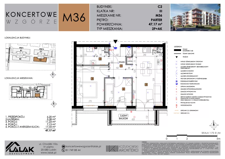3 pokoje, mieszkanie 47,17 m², parter, oferta nr C2_M36/P, Koncertowe Wzgórze - Budynek C2, Lublin, Czechów Północny, ul. Koncertowa