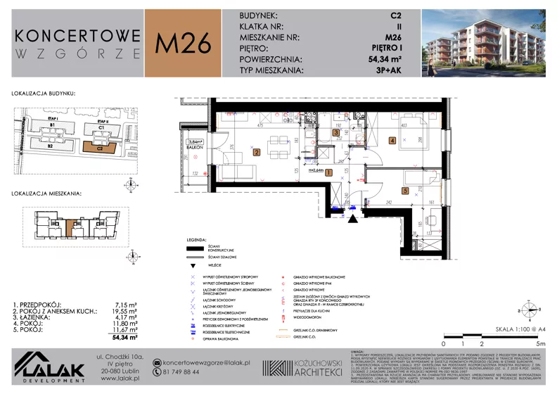 3 pokoje, mieszkanie 54,34 m², piętro 1, oferta nr C2_M26/I, Koncertowe Wzgórze - Budynek C2, Lublin, Czechów Północny, ul. Koncertowa