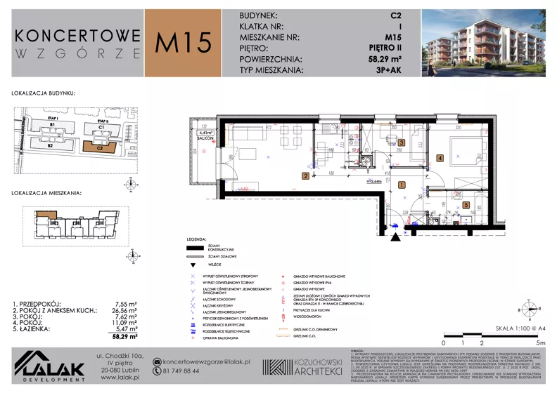 3 pokoje, mieszkanie 58,29 m², piętro 2, oferta nr C2_M15/II, Koncertowe Wzgórze - Budynek C2, Lublin, Czechów Północny, ul. Koncertowa