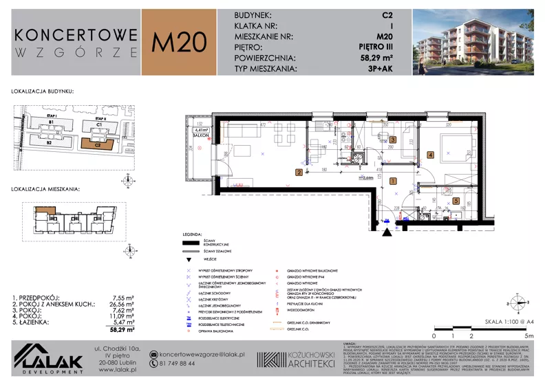 3 pokoje, mieszkanie 58,29 m², piętro 3, oferta nr C2_M20/III, Koncertowe Wzgórze - Budynek C2, Lublin, Czechów Północny, ul. Koncertowa