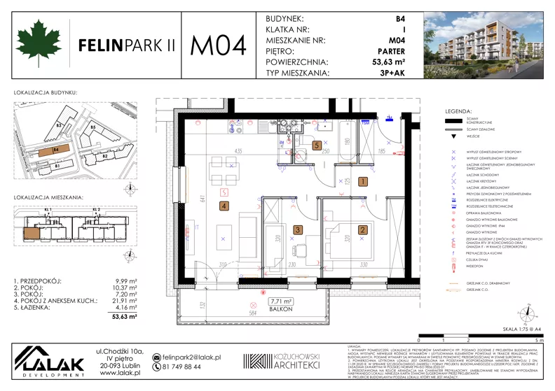 3 pokoje, mieszkanie 53,63 m², parter, oferta nr B4_M04/P, Felin Park II - budynek B4, Lublin, Felin, ul. Urbanowicza