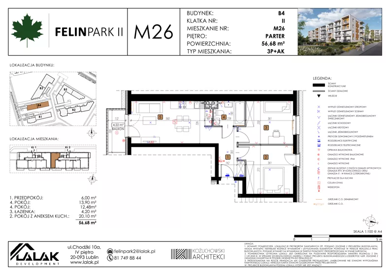 3 pokoje, mieszkanie 56,68 m², parter, oferta nr B4_M26/P, Felin Park II - budynek B4, Lublin, Felin, ul. Urbanowicza