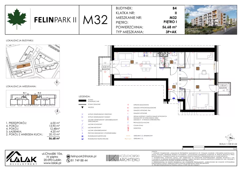3 pokoje, mieszkanie 56,68 m², piętro 1, oferta nr B4_M32/I, Felin Park II - budynek B4, Lublin, Felin, ul. Urbanowicza