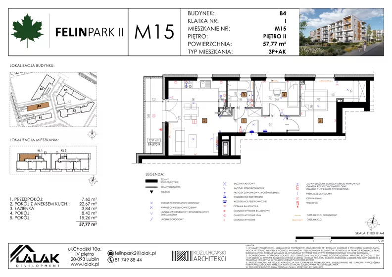 3 pokoje, mieszkanie 57,72 m², piętro 2, oferta nr B4_M15/II, Felin Park II - budynek B4, Lublin, Felin, ul. Urbanowicza