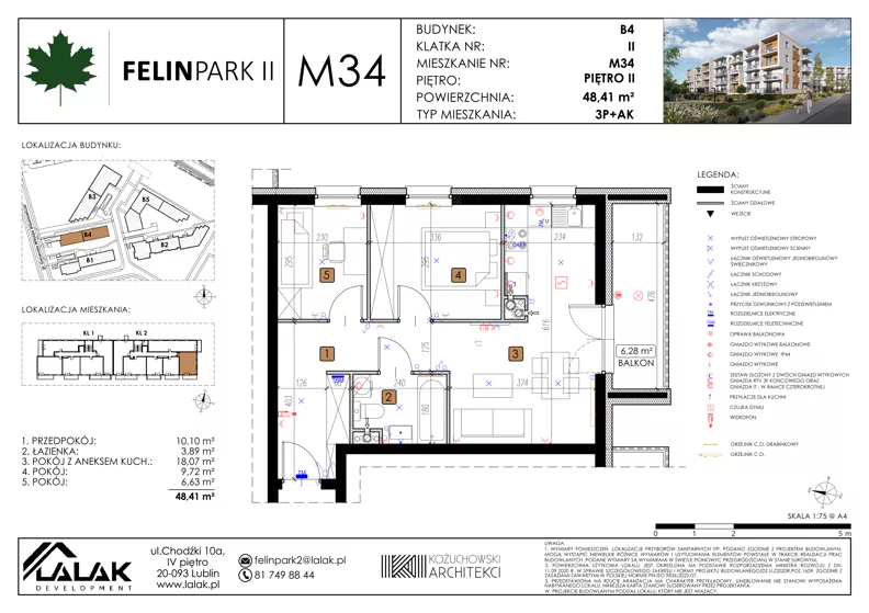 3 pokoje, mieszkanie 48,41 m², piętro 2, oferta nr B4_M34/II, Felin Park II - budynek B4, Lublin, Felin, ul. Urbanowicza