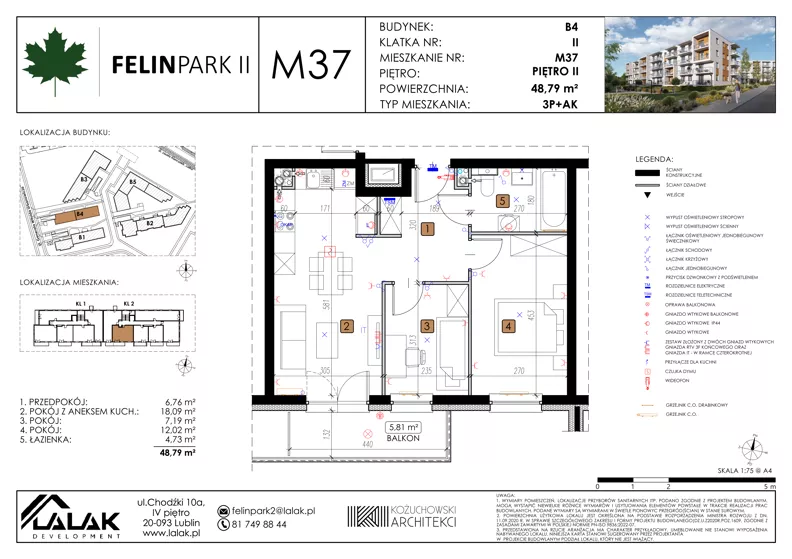 3 pokoje, mieszkanie 48,79 m², piętro 2, oferta nr B4_M37/II, Felin Park II - budynek B4, Lublin, Felin, ul. Urbanowicza