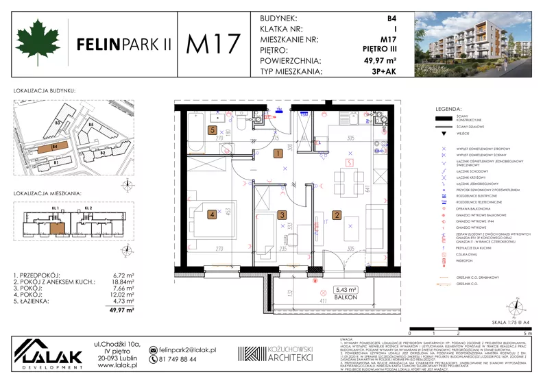 3 pokoje, mieszkanie 49,97 m², piętro 3, oferta nr B4_M17/III, Felin Park II - budynek B4, Lublin, Felin, ul. Urbanowicza