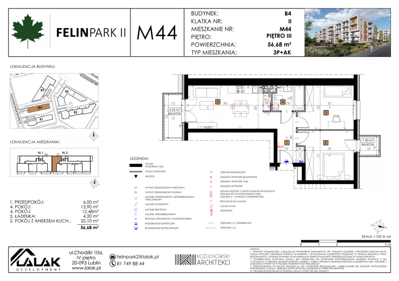 3 pokoje, mieszkanie 56,68 m², piętro 3, oferta nr B4_M44/III, Felin Park II - budynek B4, Lublin, Felin, ul. Urbanowicza