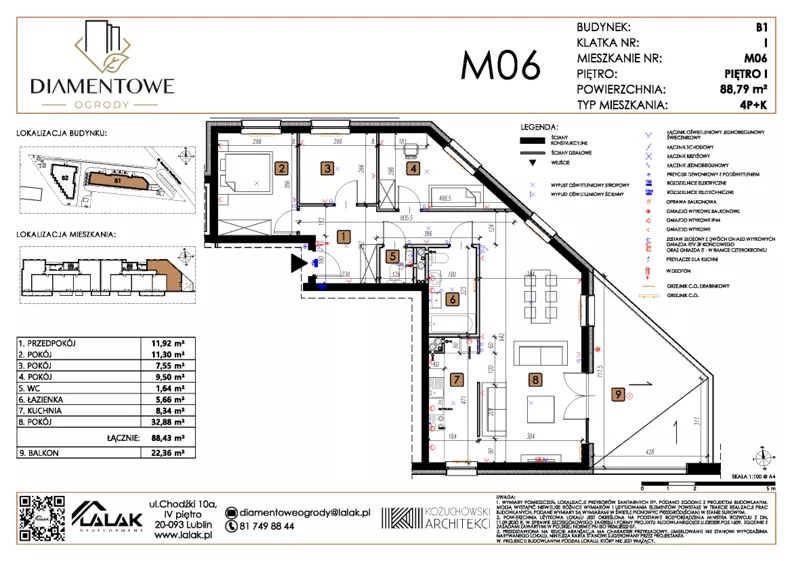 4 pokoje, mieszkanie 88,79 m², piętro 1, oferta nr B1.6, Diamentowe Ogrody, Lublin, Wrotków, ul. H. Wolińskiego
