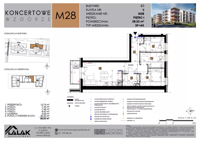 4 pokoje, mieszkanie 58,55 m², piętro 1, oferta nr C1_M28/I, Koncertowe Wzgórze - Budynek C1, Lublin, Czechów Północny, ul. Koncertowa