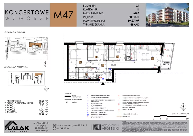 4 pokoje, mieszkanie 59,27 m², piętro 1, oferta nr C1_M47/I, Koncertowe Wzgórze - Budynek C1, Lublin, Czechów Północny, ul. Koncertowa