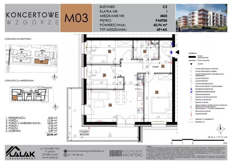 4 pokoje, mieszkanie 60,96 m², parter, oferta nr C2_M3/P, Koncertowe Wzgórze - Budynek C2, Lublin, Czechów Północny, ul. Koncertowa