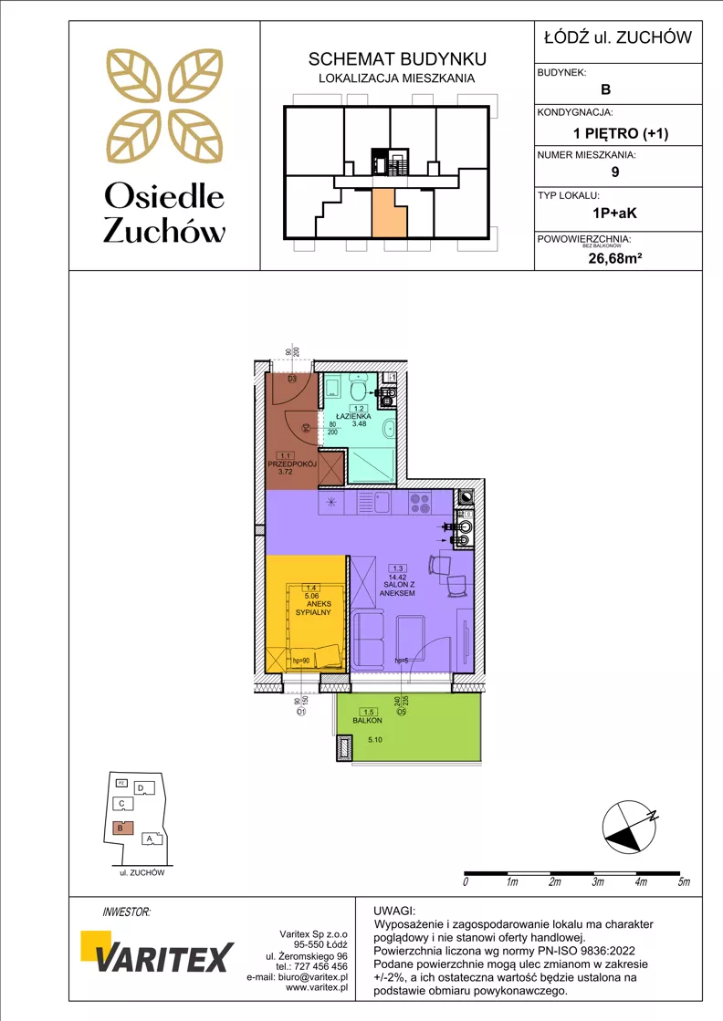 1 pokój, mieszkanie 26,68 m², piętro 1, oferta nr B09, Osiedle Zuchów II, Łódź, Górna, Rokicie, ul. Zuchów 4
