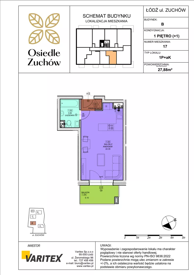 1 pokój, mieszkanie 27,88 m², piętro 1, oferta nr B17, Osiedle Zuchów II, Łódź, Górna, Rokicie, ul. Zuchów 4
