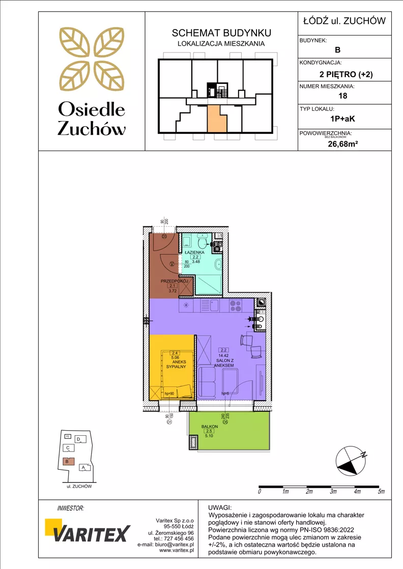 1 pokój, mieszkanie 26,68 m², piętro 2, oferta nr B18, Osiedle Zuchów II, Łódź, Górna, Rokicie, ul. Zuchów 4