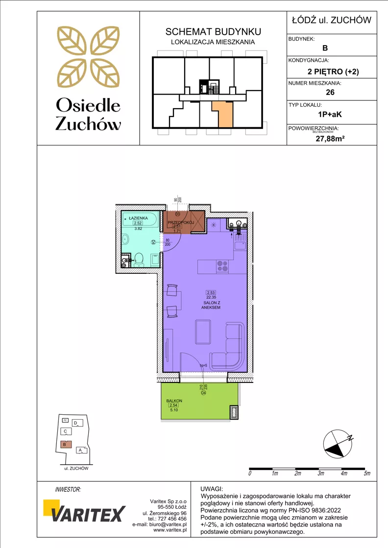 1 pokój, mieszkanie 27,88 m², piętro 2, oferta nr B26, Osiedle Zuchów II, Łódź, Górna, Rokicie, ul. Zuchów 4