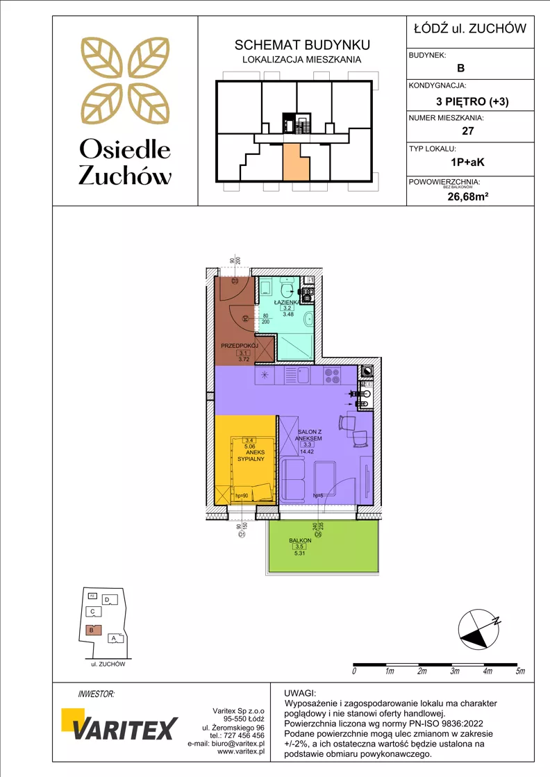 1 pokój, mieszkanie 26,68 m², piętro 3, oferta nr B27, Osiedle Zuchów II, Łódź, Górna, Rokicie, ul. Zuchów 4