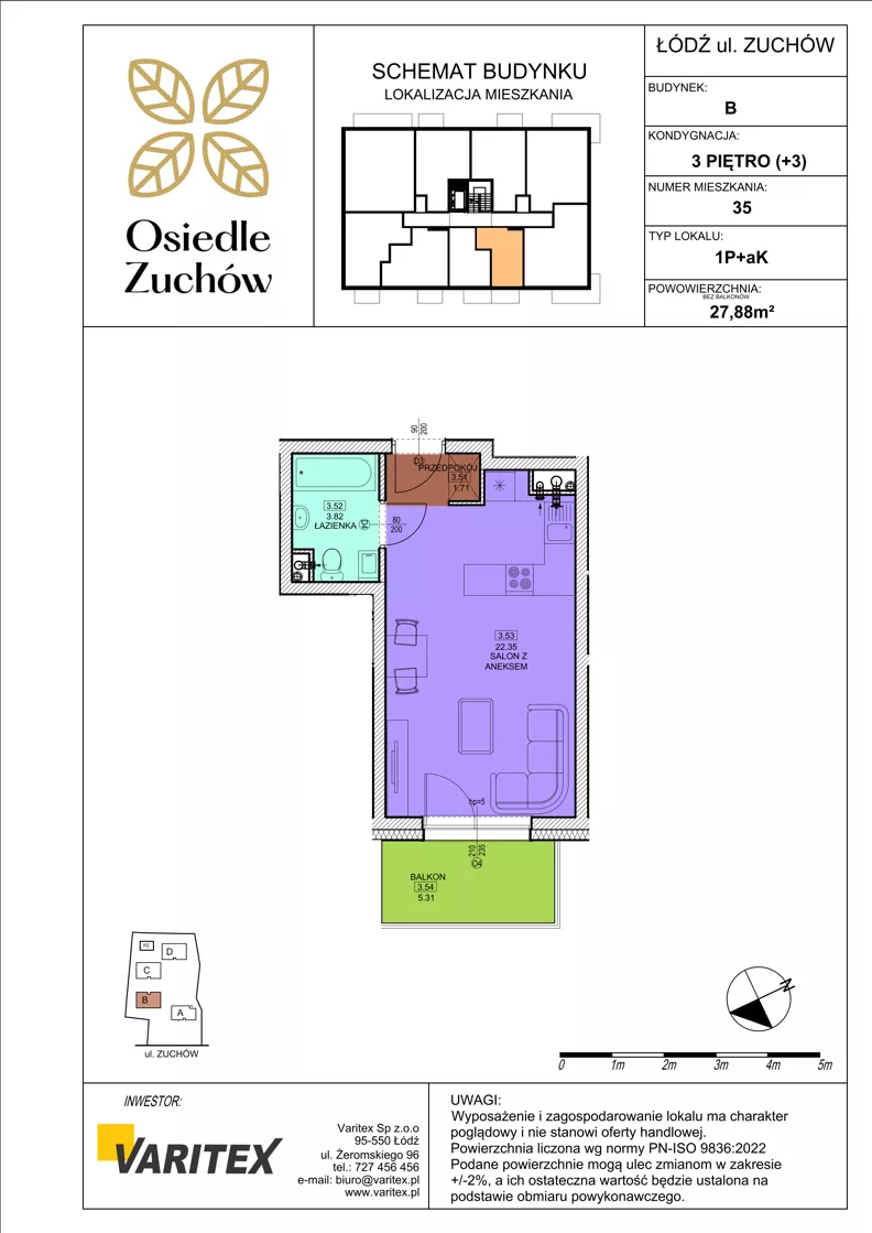 1 pokój, mieszkanie 27,88 m², piętro 3, oferta nr B35, Osiedle Zuchów II, Łódź, Górna, Rokicie, ul. Zuchów 4