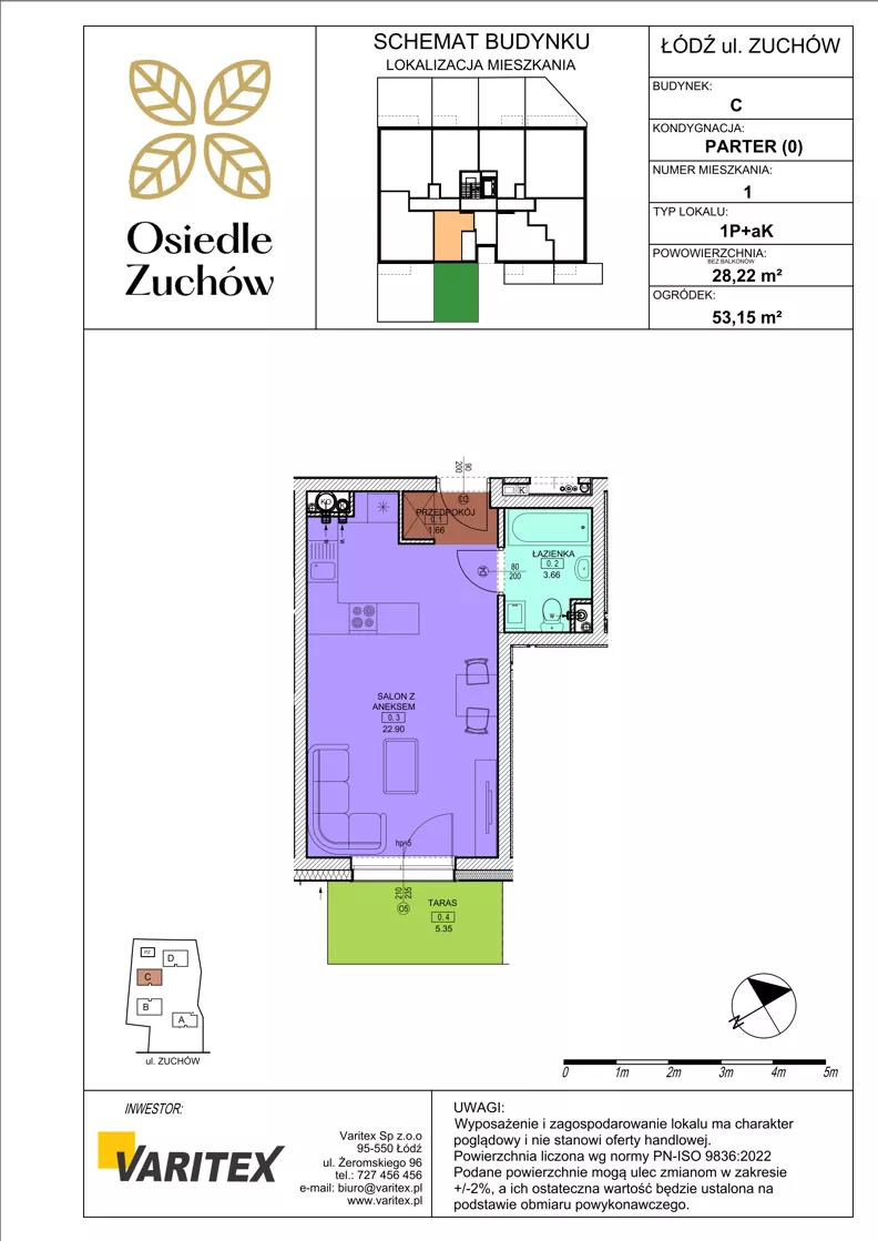 1 pokój, mieszkanie 28,22 m², parter, oferta nr C01, Osiedle Zuchów II, Łódź, Górna, Rokicie, ul. Zuchów 4