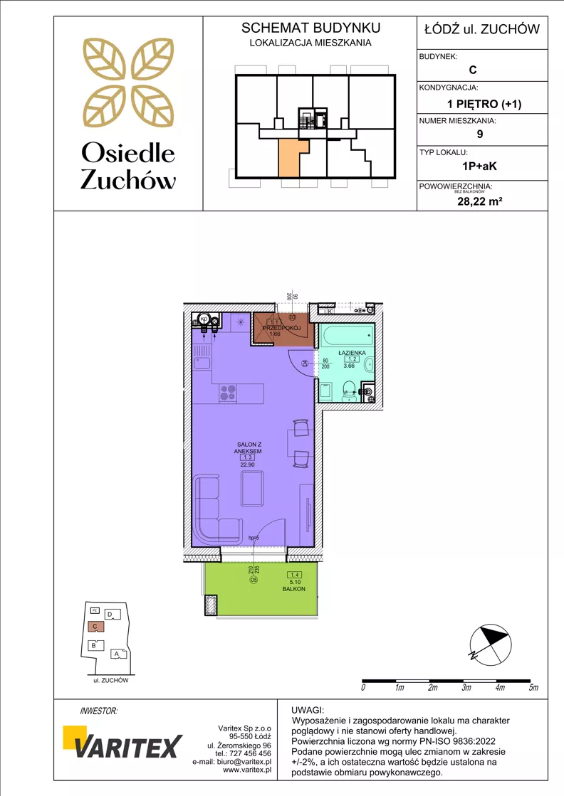 1 pokój, mieszkanie 28,22 m², piętro 1, oferta nr C09, Osiedle Zuchów II, Łódź, Górna, Rokicie, ul. Zuchów 4
