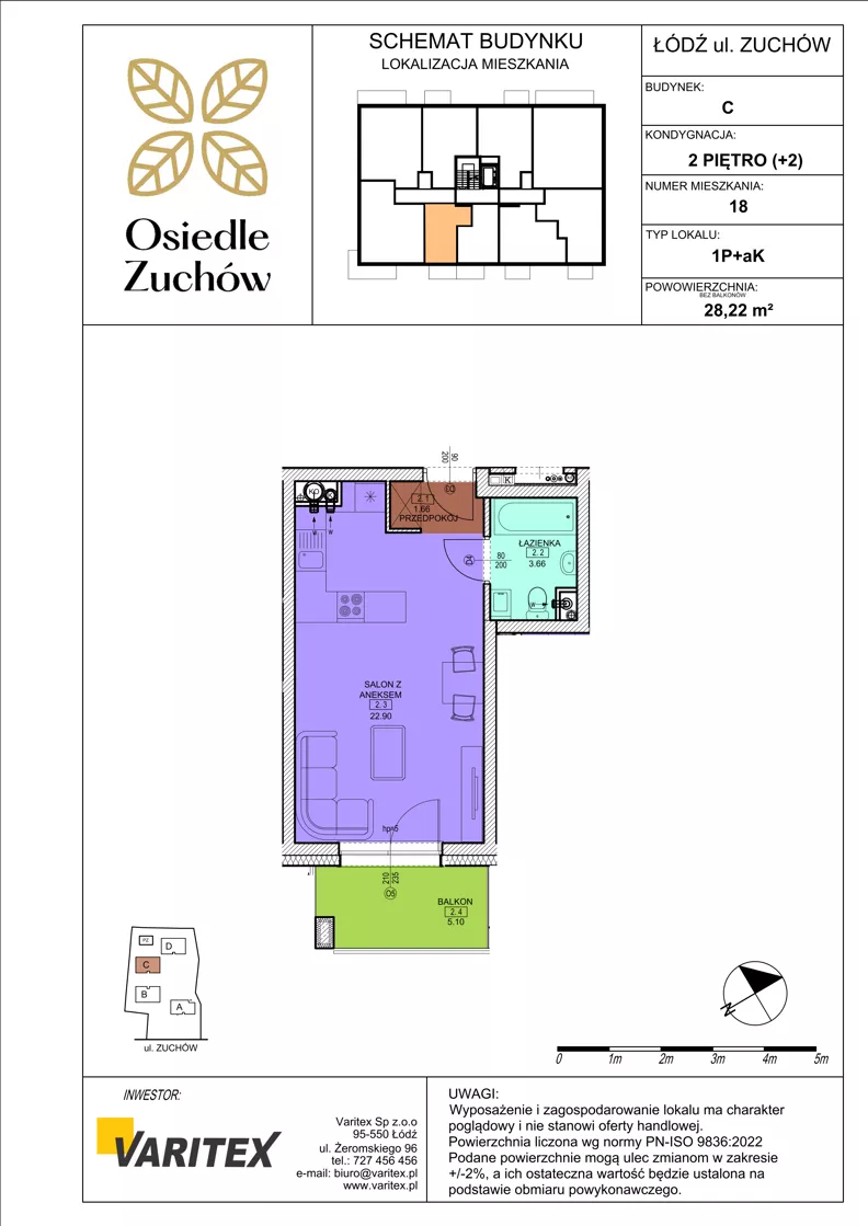 1 pokój, mieszkanie 28,22 m², piętro 2, oferta nr C18, Osiedle Zuchów II, Łódź, Górna, Rokicie, ul. Zuchów 4